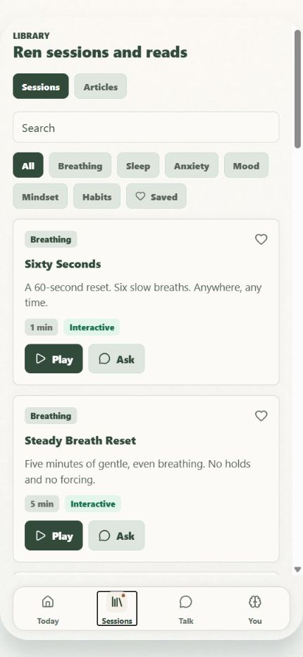 BetterMinds Sessions screen showing guided practices and recorded support