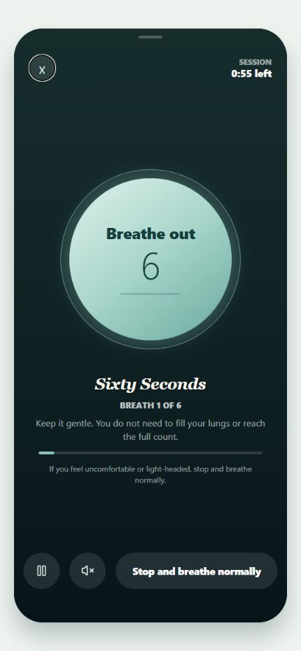 BetterMinds Sixty Seconds guided breathing screen with pause, sound and stop controls